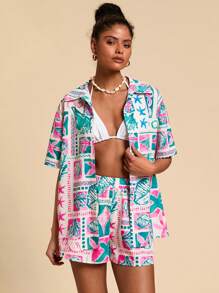 Travachic Set de 2 piezas para mujer de camisa y shorts con estampado de Hawai para primavera/verano