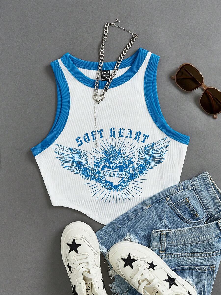 SHEIN EZwear Angel Wings And Letter Printed Tank Top - Blue and White - View 1
