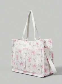 ROMWE Kawaii 女士宽敞白色灯芯绒手提包 - 蝴蝶结和花卉印花可转换手提包，可斜挎/肩背 - 粉色 - 查看 2