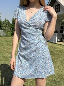 SHEIN EZwear 夏季女士度假装、浪漫春季连衣裙、女士度假休闲碎花系带连衣裙、太阳裙 - 淺藍色 - 查看 6