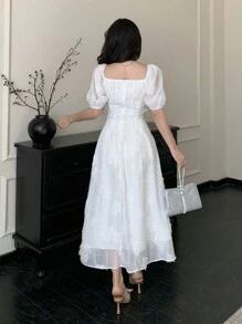 DAZY 女士提花方领泡泡袖优雅连衣裙吊带长裙 - 白色 - 查看 6