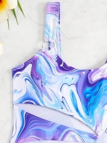 SHEIN Tween Girl Marble Print Cutout Sleeveless Swimsuit, Random Print - Multicolor - View 5