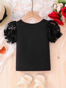 SHEIN Leap Crew Young Girl Solid Color Contrast Mesh Puff Sleeve T-Shirt - Black - View 2