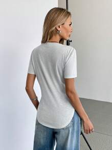 SHEIN Essnce Women's Solid Color Button Front Short Sleeve Casual T-Shirt - Grey - View 2