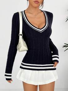SHEIN EZwear Jersey de manga larga con cuello en V ajustado para mujer, con estampado de rayas, para otoño/invierno