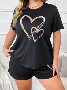 Plus Size Heart Print Short Sleeve Top & Shorts Pajama Set, Minimalist, Outfits - Black - View 5