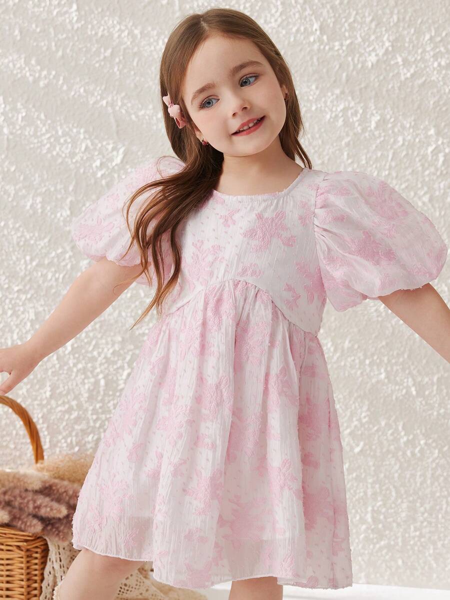 Blossori Abito elegante con maniche a palloncino, scollo tondo, vita segnata e gonna a-line per ragazze, in stile francese rosa intrecciato, adatto per primavera/estate - Rosa - Visualizzare 1