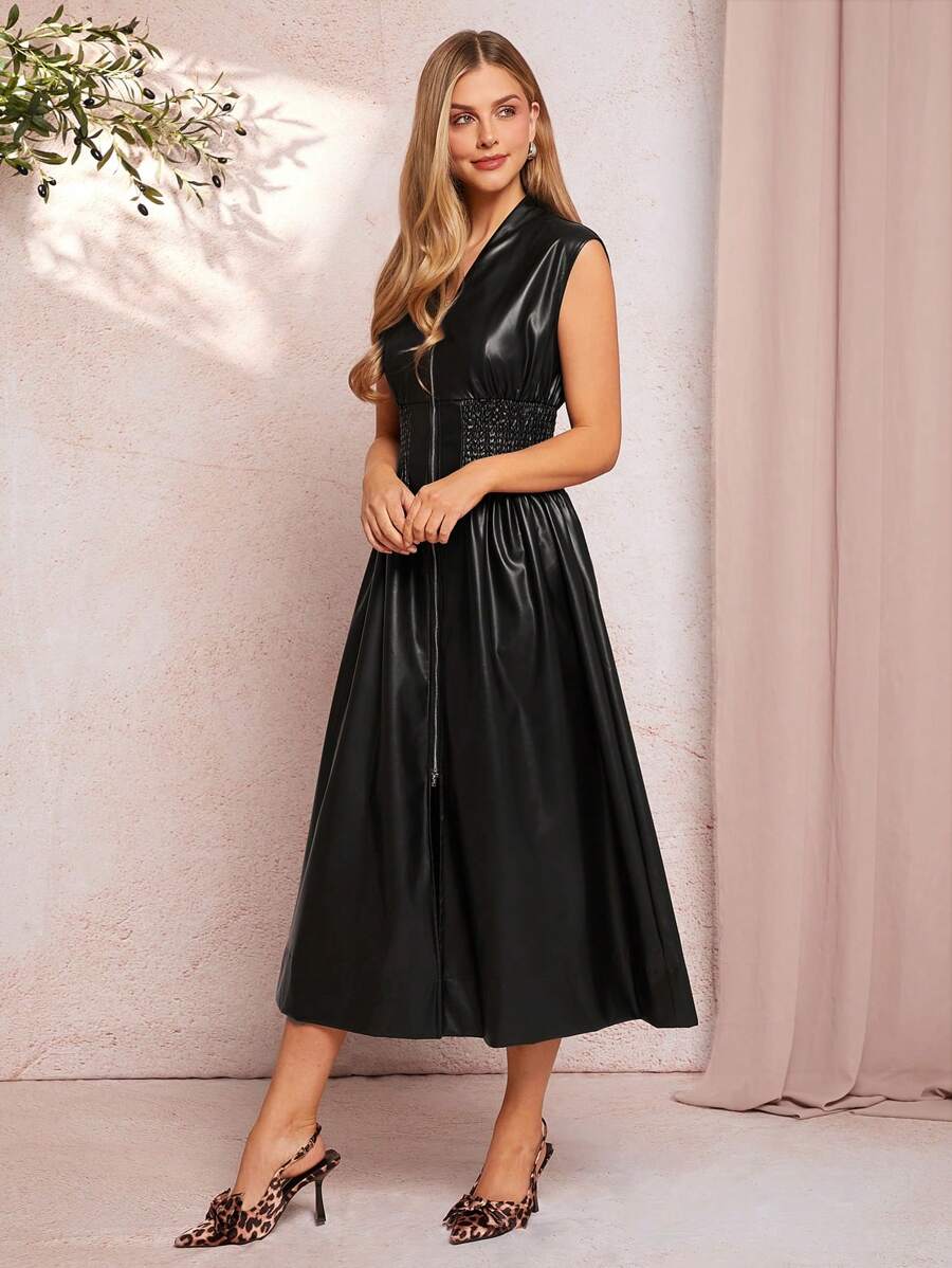 SHEIN Clasi Elegante vestido femenino negro con escote en V, cremallera y ajuste en la cintura en línea A