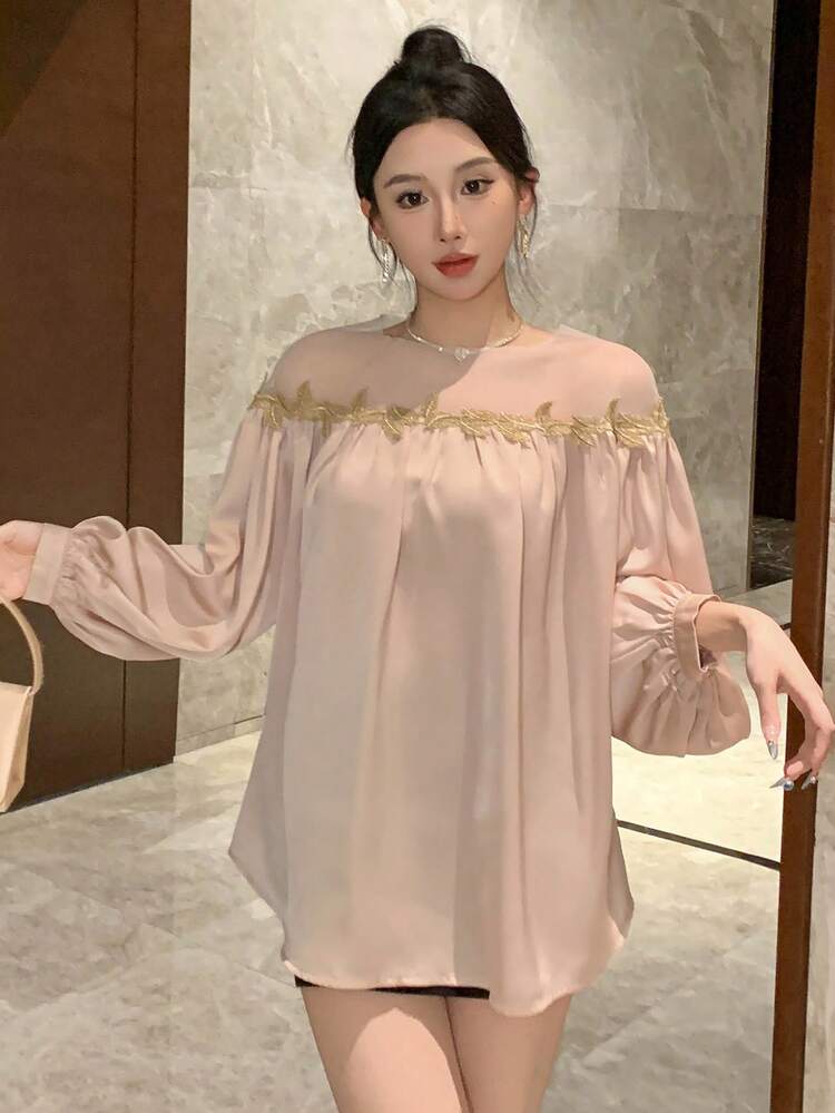 Women's Elegant Spring/Summer Mesh Lace Patchwork Loose Long Sleeve Shirt Boho