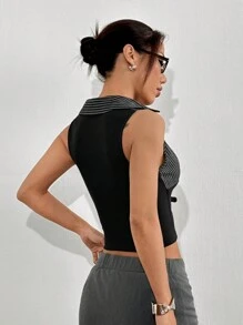 SHEIN EZwear 女式撞色条纹修身无袖纽扣背心 - 黑色 - 查看 2