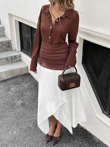 SHEIN Essnce Women Elegant Solid Color Long Sleeve Blouse With Color Block Ruched Skirt 2 Pieces Set - Multicolor - View 5