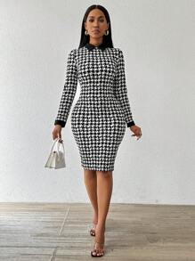 Fleurora Vestido de oficina, iglesia, informal y elegante de talla grande para primavera y verano. Vestido de tweed con estampado de pata de gallo, cuello de camisa, para mujer de talla grande