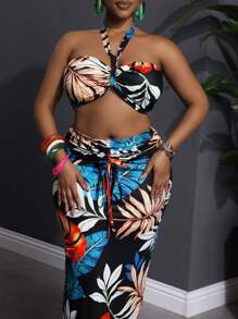 Slaydiva Plus Size Vrouwen Tropische Bloemenprint Halter Hals Tank Top & Getailleerde Rok 2-delige Set, Geschikt Voor Strand Resort
