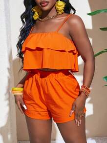 Slaydiva 2025 Summer New Arrivals, Music Festival, Easter, St. Patrick's Day, Western Style, Nomadic Style, Birthday Party, Graduation, Student Wear, Casual Daily Outfit, Vacation, Cruise Travel, Beach, Sunbathing, Fashion Influencer Style, Double-Layer Ruffle Cami Tank Top Set For Women
