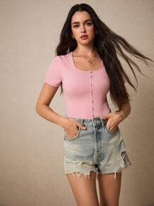 SHEIN Frenchy Áo thun tay ngắn màu trơn dành cho nữ, giản dị và thời trang để mặc hàng ngày - Hồng - Xem 5