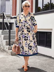 大码女式花卉印花长袖休闲连衣裙，秋季 - 藏蓝色 - 查看 2
