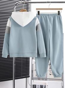 SHEIN Tween 男童两件套服装：连帽运动衫和慢跑裤，拼布设计，高品质，适合通勤、上学、休闲、运动、秋冬季，保暖内衬，加厚 - 淺藍色 - 查看 2