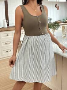 SHEIN Maternity Nursing Dress, Striped 2 In 1, Suitable For Summer - Green - View 4