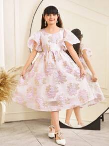 SHEIN Leap Crew Vestido midi de jacquard floral con cuello redondo y ribete de volantes elegante para niña preadolescente - Rosa - Ver 1