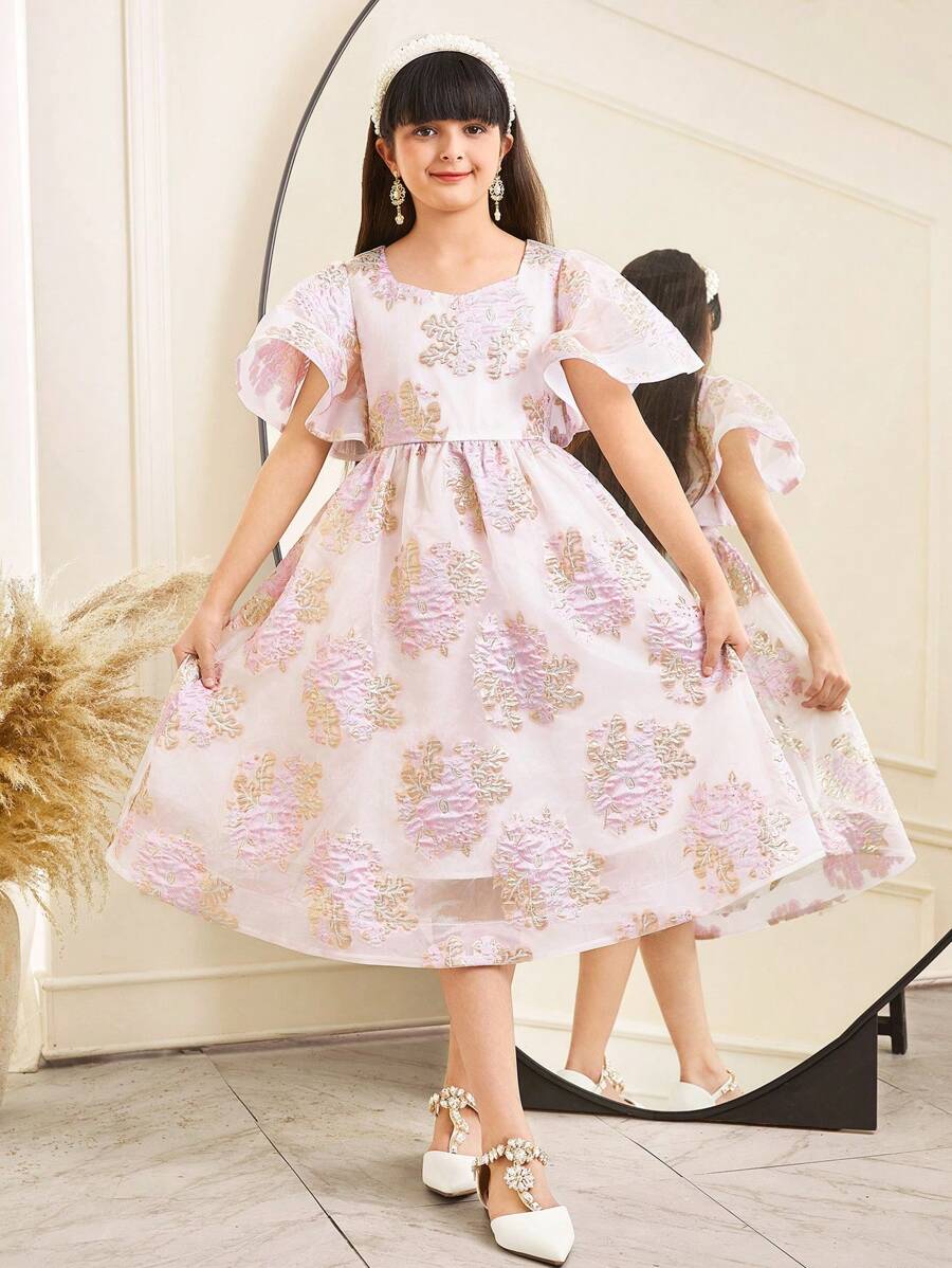 SHEIN Leap Crew Vestido midi de jacquard floral con cuello redondo y ribete de volantes elegante para niña preadolescente - Rosa - Ver 1