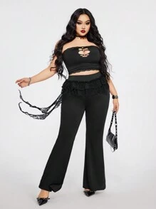 SHEIN ICON Plus Size Black Lace Ruffle Hem Flare Pants - Black - View 3
