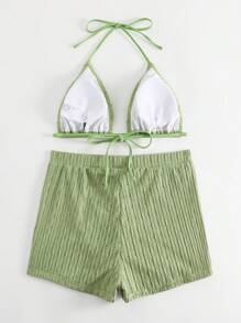 SHEIN Swim 2 件套纹理纯色吊带泳衣上衣和短裤性感比基尼泳装套装，适合夏季海滩度假 - 薄荷綠 - 查看 4