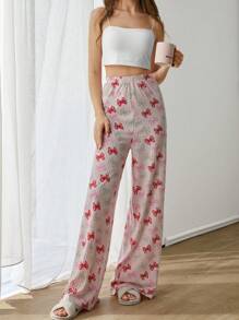 RueChic Women Cotton All Over Bow Pattern Wide Leg Sleep Bottom - Multicolor - View 4