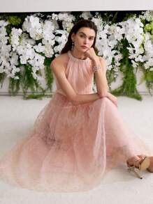 MOTF PREMIUM WOMEN'S EMBELLISHED MESH FLOWY GATHERED LONG DRESS, WEDDING DRESS - Baby Pink - View 4