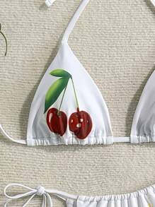 SHEIN Swim Set de 2 piezas de traje de baño para mujer con parte superior de escote en V con atar halter y Bottom de bikini con atar a los lados, estampado de verano y sexy