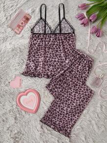 1 pièce Ensemble de pyjama femme sexy avec débardeur à imprimé léopard en forme de cœur et pantalon long
