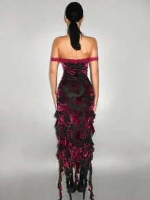 SHEIN ICON Off Shoulder Floral Burn-Out Flocked See-Through High Slit Flare Trim Dress - Burgundy - View 2