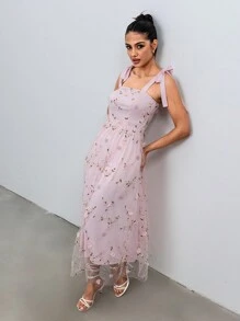 SHEIN Unity Women's Sleeveless Lace Embroidery Fitted Midi Dress, Spring/Summer - Pink - View 1