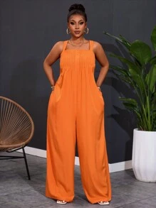Slaydiva Summer&Beach Plus Size Women Casual & Holiday & Cute Solid Orange Sleeveless Loose Bowknot Wide Leg Pants Plus Size Jumpsuit Women Plus Size Women Clothes Women Clothing Jumpsuit Casual Jumpsuit Plus Size Women Clothes - Orange - View 7