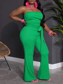 Slaydiva Wakacje Casual Nowy 2025 Elegancki i seksowny i wakacyjny styl Kobiety Plus Size Solidny zielony bandeau prążkowany materiał Kombinezon Elegancki wakacje Wiosna/Lato