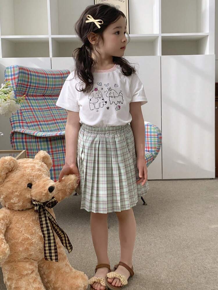 2pcs/Set Young Girl Cartoon Print Raglan Sleeve Short Sleeve T-Shirt And Plaid Mini Skirt, Casual Outfit