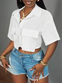 Slaydiva 2025 New Ladies Casual Stree Pocket Short Sleeve Shirt Collar Loose Crop White Drop Shoulder Shirt Women Blouses,Spring/Summer,Casual Daily Wear,Music Festival - White - View 4