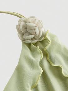 SHEIN MOD Summer Romantic Green Firll Edge Ribbon And 3D Flower Halter Neck Top Summer Women Tops Concert Women Sexy Top - Green - View 3