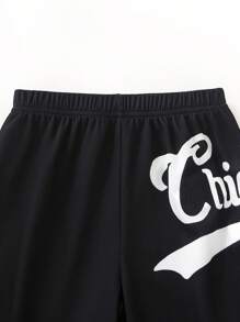 SHEIN 年轻男孩休闲运动字母印花松紧腰短裤，时尚百搭，适合日常穿着、上学、旅行、春夏季 - 黑色 - 查看 5