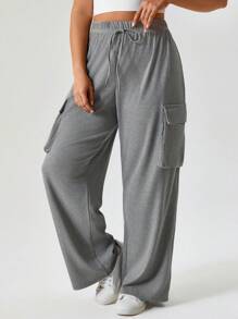 SHEIN LUNE Pantaloni cargo taglie forti da donna con tasche, grigio melange, abbigliamento occidentale da donna bohémien, stile boho 90s, per festival estivi, casual da vacanza in stile boho old money - Grigio - Visualizzare 4