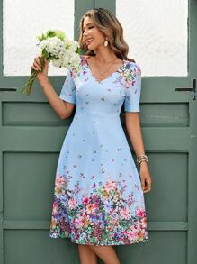 SHEIN Clasi Floral Print V Neck Dress White Dress - Baby Blue - View 5