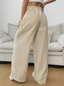 Muchica Casual Textured Striped Fabric Drawstring Waist Wide Leg Pants