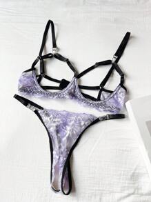 DAZY 女式蕾丝空心钢圈可调节性感内衣套装 - 紫色 - 查看 9