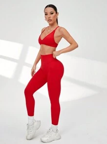 SHEIN Sport Studio Red Open Back Sports Bra And Leggings Set For Women, Yoga Fitness Workout