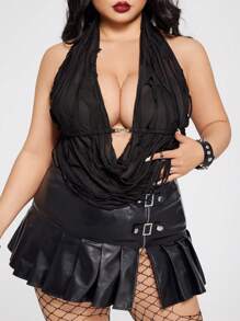 SHEIN ICON Eng anliegendes Trägertop Große Größen für Damen, mit lasergeschnittenen Aussparungen, zerrissenen Stoffen, Metallkette-Dekor und rückenfreier Passform, Y2K Punk Goth Stil für den Sommer - Schwarz - Übersicht 5