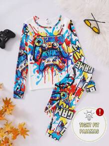 2 件套青少年男童舒适睡衣套装，包含游戏控制器涂鸦图案长袖上衣和裤子 - 白色 - 查看 6