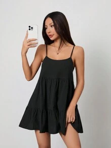 SHEIN PETITE Black Casual Suspender Backless Babydoll Dress,Sun Dress