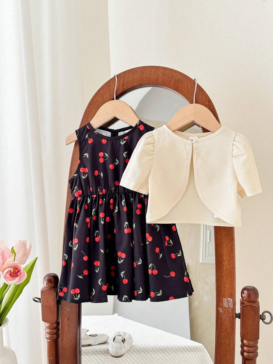 SHEIN Baby Girl Summer Cute Black Cherry Print Dress And Jacket Set - Black and White - View 1