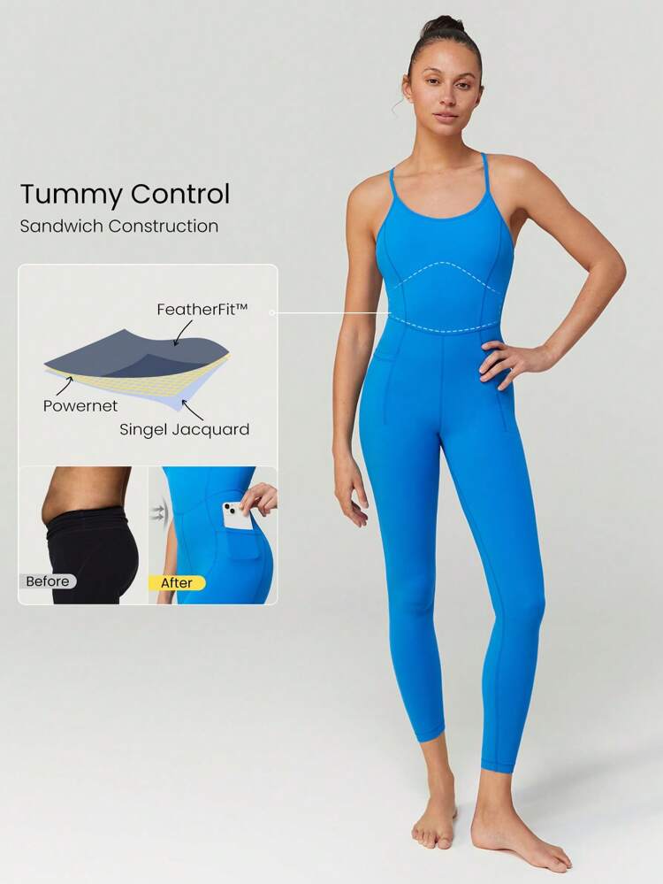 Mono de Body completo con control de barriga de 26" FeatherFit™ con respaldo en U, bolsillo ajustable, soporte ligero, ideal para yoga de bajo impacto y verano