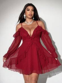 SHEIN Galaire 大码休闲长袖简约时尚日常连衣裙 - 紅色 - 查看 2