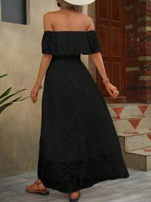 Breezaya Off Shoulder Ruffle Trim Split Thigh Dress Maxi Vacation Beach Outfits Women - Black - View 2